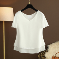 夏季短袖新款韩版V领女装上衣大码t恤宽松遮肚子洋气雪纺气质小衫 米白色 S