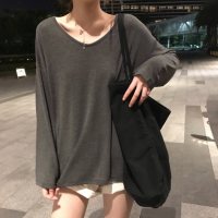 春秋ins超a百搭显瘦v领长袖T恤女宽松中长款韩版慵懒风打底衫 724#灰色[V领] M