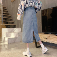 2021春秋新款大码胖mm复古中长款a字牛仔裙女高腰显瘦开叉半身裙 复古蓝 S码[ 85-100斤]