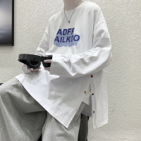 排扣长袖t恤男秋季潮流宽松白色上衣港风潮牌字母印花开衩打底衫 白色 M