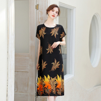 中老年棉绸连衣裙夏季短袖长裙气质宽松遮肚显瘦妈妈大码女装睡裙 675款1号色 XL[建议100-130斤]