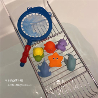 宝宝洗澡玩具鲨鱼网捞鱼儿童婴儿戏水软胶玩水喷水感温变色动物 深蓝鲨鱼网+6只小动物