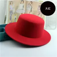 百搭黑色毛呢小礼帽爵士帽绅士帽潮男韩版英伦平顶圆顶帽秋冬季女 平檐小礼帽纯大红 可调节