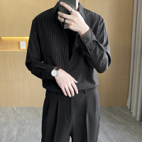 条纹衬衫男春季长袖高级感上衣韩版潮流百搭男士修身商务休闲衬衣 黑色条纹衬衫 S