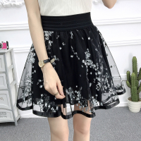 小个子网纱裙半身裙女士春秋2021年新款高腰a字短裙百褶裙子夏季 黑色(印梅花) S