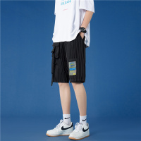 条纹短裤男夏季薄款潮牌潮流嘻哈宽松大码工装五分裤休闲冰丝中裤 复古黑 M