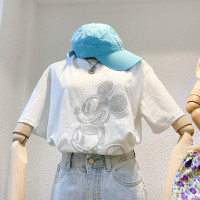 短袖t恤女ins潮2020夏季新款韩版宽松学生百搭米奇水钻重工上衣服 白色 M