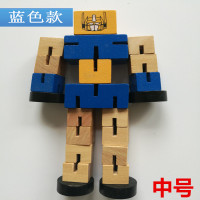 木头变形金刚机器人男孩早教汽车人擎天柱大黄蜂儿童手指灵活玩具 中号蓝色(7X14厘米)