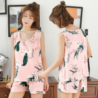 女士夏季短袖棉绸睡衣套装韩版背心短裤绵绸家居服人造棉加肥大码 CY-8022粉色百合花 XL[105斤-115斤]