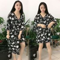 2021夏季洋气连衣裙女短裤胖妹妹套装女显瘦大码200斤时尚两件套 黑色猫[裙子+裤子套装] L[建议90-115斤]