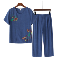 老太太妈妈装棉麻套装夏装女50岁80奶奶装短袖两件套装 蓝色 XL