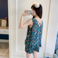 夏季无袖背心棉绸睡衣短袖两件套装女士夏天大码薄款人造棉家居服 背心短裤深绿繁花 M码(适合90-105斤)