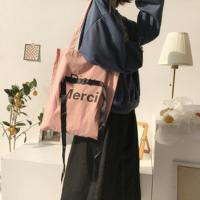 唐糖包袋/韩国ins风帆布袋糖果色帆布单肩包包女百搭款学生书包 Merci 飘带 粉单肩