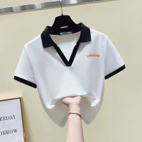 绿色T恤女短袖2021年新款夏季时尚修身显瘦polo领上衣设计感小众 白色 500件以上起28.8
