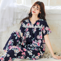 睡衣女夏季短袖长裤两件套装春秋季绵绸薄款大码宽松2021年新款 满天繁花 M(85-100斤)