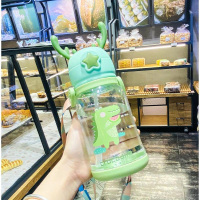 儿童水杯便携塑料吸管杯可爱卡通斜跨背带塑料杯幼儿园大容量杯子 绿色小鳄鱼500ml-单杯送背带