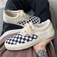 男鞋秋季2021新款棋盘格子帆布鞋男女百搭万斯能ins板鞋子男潮鞋 蓝色格子 35