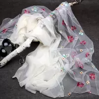丝巾围巾春秋季百搭女纱巾防晒披肩薄款秋款洋气时尚夏季绣花沙滩 米白色