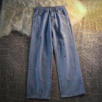 复古bm风爱心刺绣牛仔裤女春季宽松高腰直筒老爹裤ins潮牌阔腿裤 蓝色 S