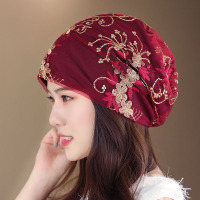 新款春季夏季女士帽薄头巾帽蕾丝堆堆帽时装帽韩水钻月子帽光头帽 双色绣线酒红 均码(54-60cm有弹性)