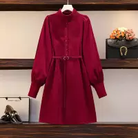 品牌折扣店商场专柜撤柜女装尾货清仓春季遮肉单排扣长袖连衣裙女 红色 大码XL