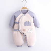 新生婴儿衣服秋冬薄棉衣和尚初生加厚哈衣拜年外出套装宝宝连体衣 净色蓝灰色 夹棉蝴蝶衣 52cm