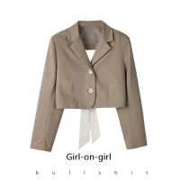 白水 棕色西装外套女春秋季薄款设计感小众蝴蝶结露背短款西服女 棕色西服 S