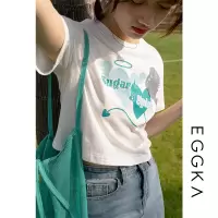 EGGKA小恶魔黑色短袖T恤女短款宽松百搭高腰印花上衣夏季2021新款 白色 S 模特码