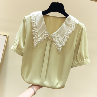 折扣店商场撤柜女装尾货清仓钩花翻领一粒钉珠短袖雪纺衫女夏季 黄色 500件以上起24元