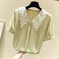 折扣店商场撤柜女装尾货清仓钩花翻领一粒钉珠短袖雪纺衫女夏季 黄色 500件以上起24元