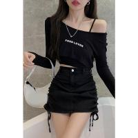 半身裙女夏季薄款高腰a字裙新款性感抽绳牛仔裙子黑色包臀裙短裙 两件套上衣 均