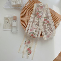 蕾丝丝巾女夏季绑头发时尚洋气百搭飘带仙仙风刺绣花朵丝带围巾 蕾丝粉花丝巾