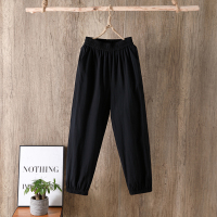 九分棉麻灯笼裤女夏季薄款宽松高腰垂感休闲哈伦裤春秋束脚妈妈裤 水墨黑 M 80-100斤