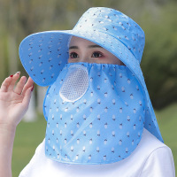 新款夏季薄款太阳帽骑电动车遮脸防紫外线晒面纱罩大檐采茶帽子女 [天蓝]-清爽透气 一顶
