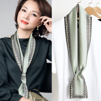 小长条方巾窄丝巾女春秋夏季装饰薄围巾纱巾搭配衬衫脖子领带飘带 复古边框飘带-豆绿