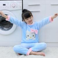 女童珊瑚绒睡衣套装秋冬2020新款卡通加绒加厚法兰绒家居服双面绒 蓝色猫咪 90cm