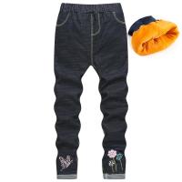 男女童牛仔棉裤加绒加厚休闲保暖裤冬季外穿牛仔裤中大儿童裤子 蒲公英绣花黑色 90cm