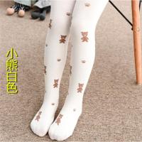 春秋冬新款精梳棉女童打底裤儿童连裤袜宝宝舞蹈袜裤百搭可爱卡通 小熊--白色 XS码(身高75-85cm)