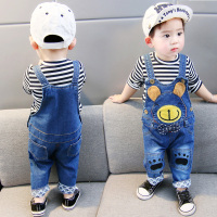 宝宝背带裤春2021新款韩版儿童牛仔背带裤小女童秋装洋气裤可开裆 单裤脚印小熊 80cm