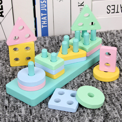 木质几何形状配对玩具积木1-2-3岁男女孩儿童蒙氏益智早教四套柱 长方形套柱