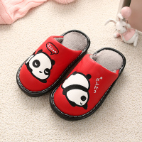 儿童棉拖鞋冬季男童女童室内防滑厚底保暖防水PU皮面卡通大童拖鞋 熊猫红色 27-28码/内长16.5cm[180码]