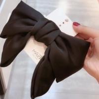 韩国东大门黑色亮面缎面飘带大蝴蝶结弹簧扣发卡可爱少女发饰 黑色