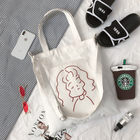 帆布包女斜挎韩风ins日系大容量单肩学生上课学习装书包手提袋子 卷发女孩儿——白底茶色