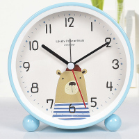 静音夜光闹钟学生可爱床头桌面迷你儿童小时钟钟表床头钟新款男孩 蓝色白底小熊-带夜灯