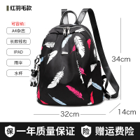 牛津布双肩包女2021新款韩版潮时尚百搭书包帆布旅行小背包女包包 红羽毛款[可放13寸电脑、A4书本、iPad等]