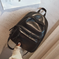 双肩包女韩版个性百搭书包旅行包包2021新款潮时尚pu软皮休闲背包 黑色