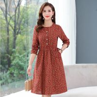 妈妈装棉麻碎花连衣裙2021新款春秋装中老年大码女装打底裙子修身 桔色 L 正品保证建议85~105斤