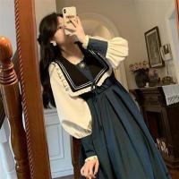 洛丽塔蓝色少女娃娃领连衣裙女遮肚高腰复古炸街长裙气质仙女裙 蓝色 S