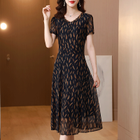 高端轻奢台湾纱中老年妈妈洋气短袖连衣裙2021新款春夏装气质高贵 黄色稻穗 M 【建议90-100斤】