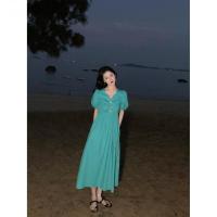 鹭青一苏菲公主 泡泡袖收腰连衣裙女2021夏季新款法式复古V领长裙 显白蓝绿色 S